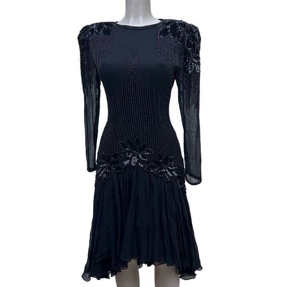 Vintage Black Tie He-Ro Evening Dress 8 Black Sequined Beaded Silk Drop Waist